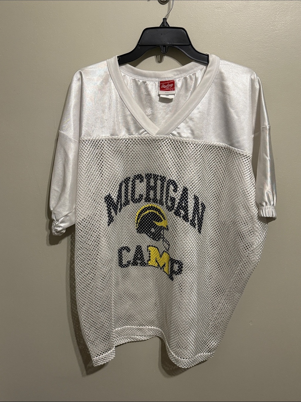 Rawlings White Mesh Michigan Camp Jersey with Navy & Yellow Logo